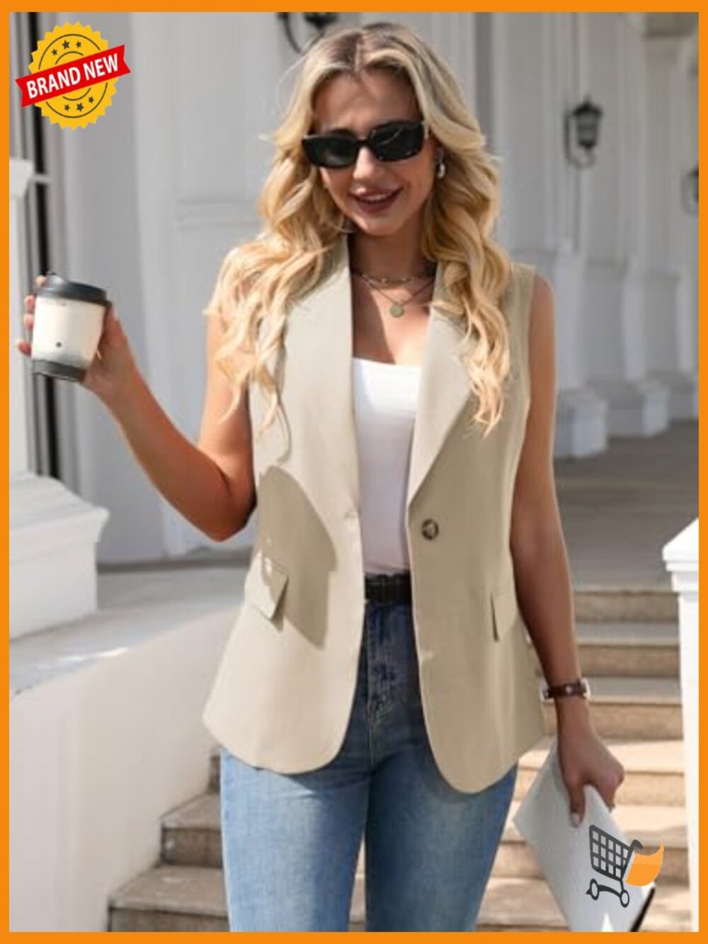 Sleeveless Blazer Vest Lightweight Lined Notch Lapel Button Front Pockets Work - Picture 2 of 7